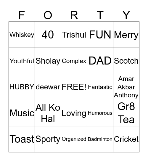 Happy 40th Birthday Bingo Card