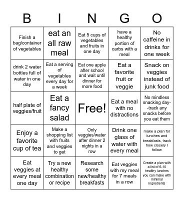 Nutrition Bingo Card