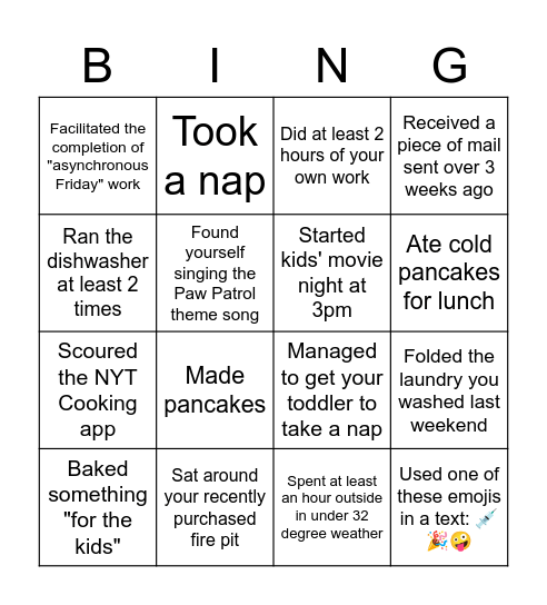 Pandemic Saturday Bingo! Bingo Card
