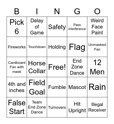 Super Bowl Game Bingo Card