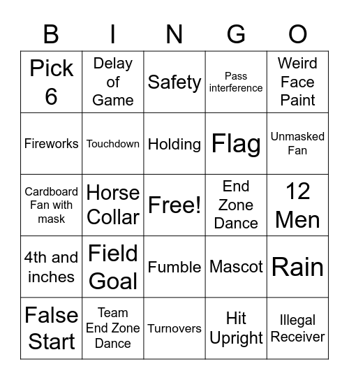 Super Bowl Game Bingo Card