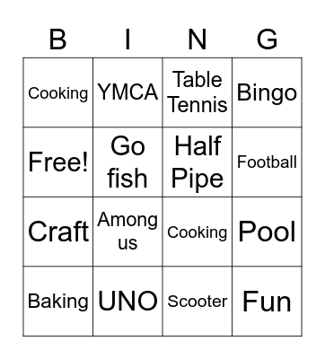 Youth Club Bingo Card