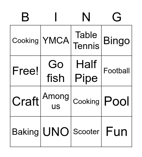 Youth Club Bingo Card