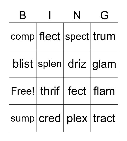 Detached syllables with blends Bingo Card