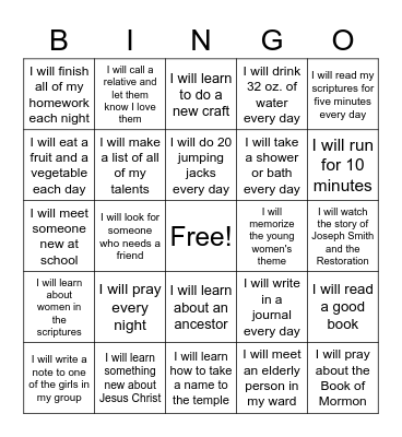 My Personal Goals  - Spiritual, Intellectual, Physical, Social Bingo Card