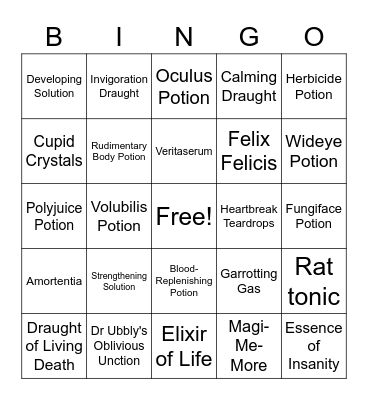 Harry Potter Potions Bingo Card