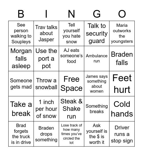 Winter Storm Bingo Card