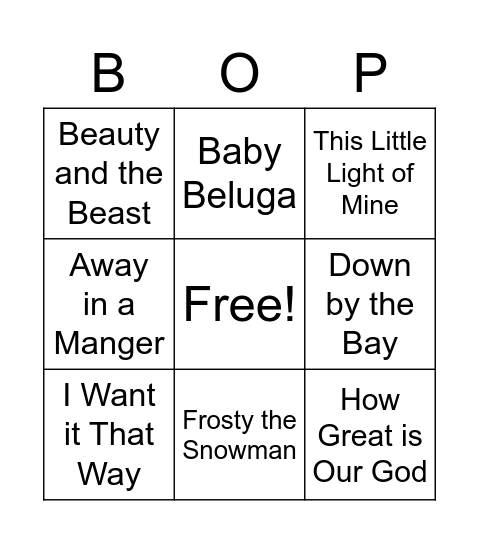 Boppin' Music Bingo Card
