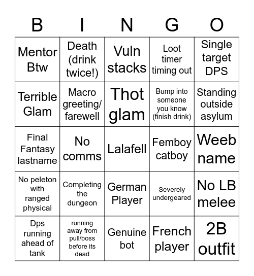 Leveling Dungeons drinking Bingo Card