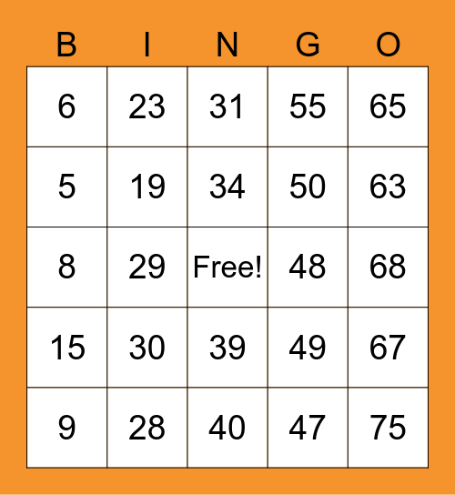 Orange BINGO Card