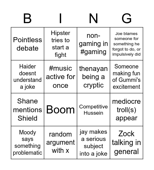 Lounge Bingo Card