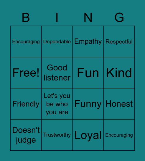 Friendship Bingo Card
