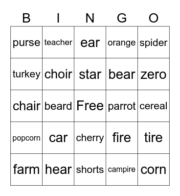 Post vocalic /ɹ/ Bingo Card
