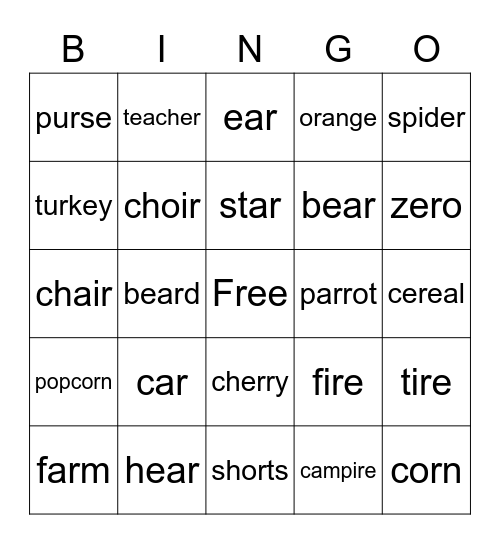 Post vocalic /ɹ/ Bingo Card