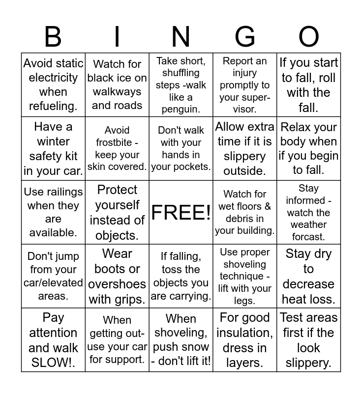 Winter Weather Safety Bingo Contest Bingo Card