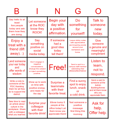 RISD Admin February Kindness Challenge Bingo Card