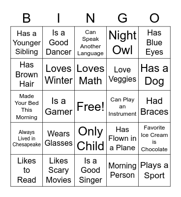 Get to know my class Bingo Card