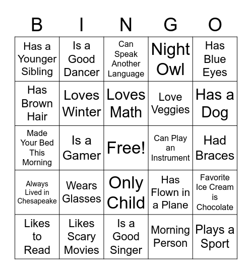 Get to know my class Bingo Card