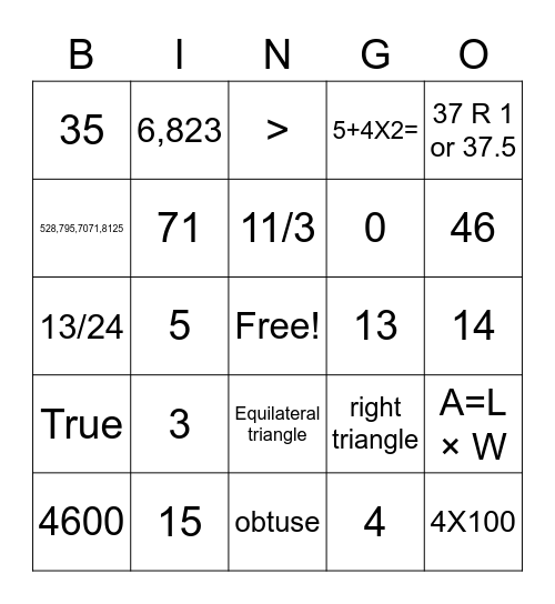 Math Carnival Bingo Card