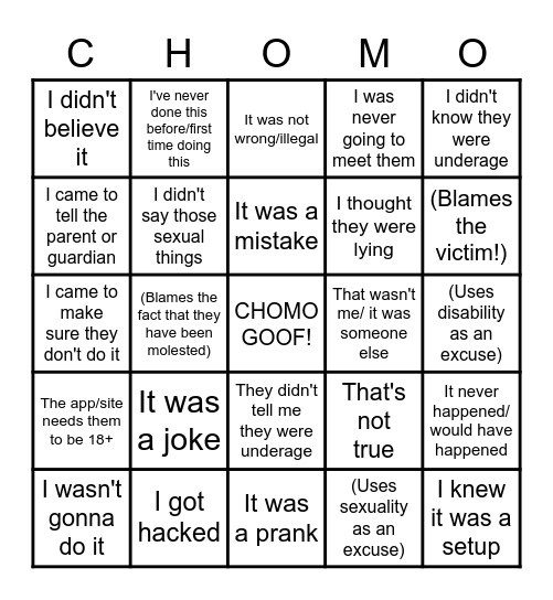 CHOMO CATCHES Bingo Card
