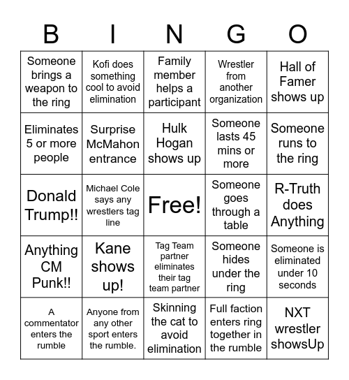 Royal Rumble BINGO Card