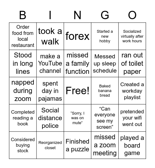 Quarantine Bingo Card