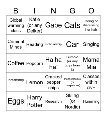Hannah Bingo Card