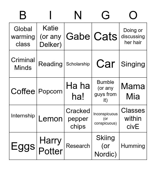 Hannah Bingo Card