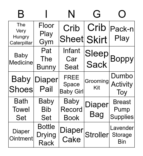 Jennifer's Baby Shower BINGO Card