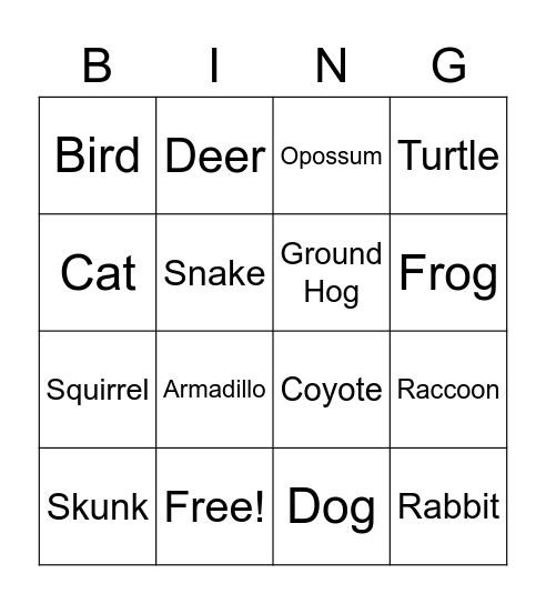 Roadkill Bingo Card