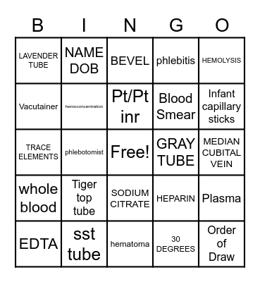 Phlebotomy Bingo Card