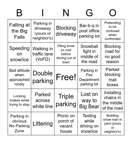 Forest Falls Flatlander Bingo Card