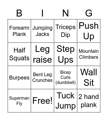 Fitness Bingo Card