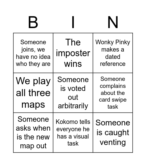 Among Us Bingo Card