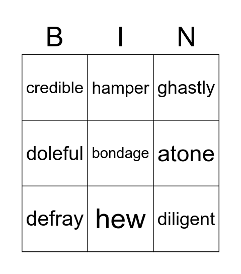 Vocabulary Bingo Card