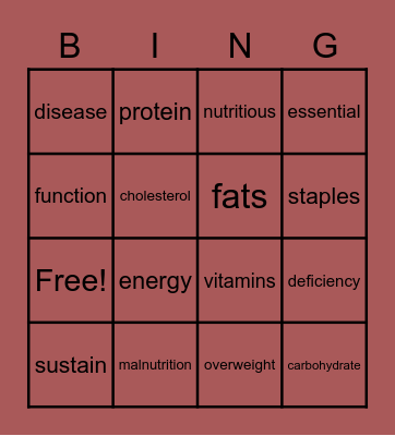 NUTRITION Bingo Card