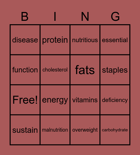 NUTRITION Bingo Card