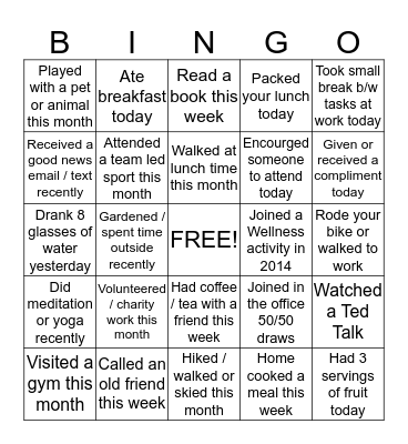 Wellness Bingo Card