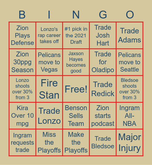 2020-21 Pelicans Bingo! Bingo Card