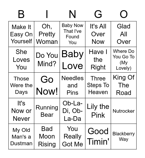 1960's Number 1 Hits Bingo Card