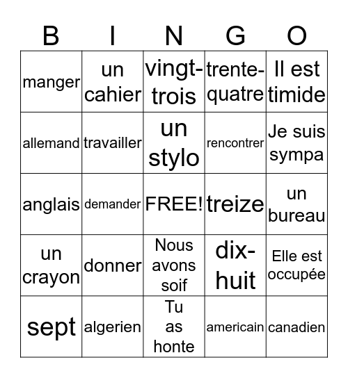 Francais I - Examen Final Bingo Card