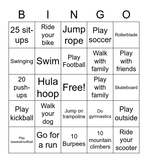 Woodgate Fitness Bingo Card