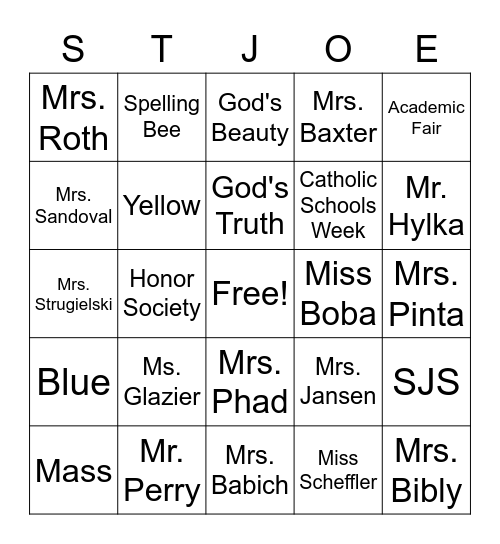 Saint Joe Bingo Card