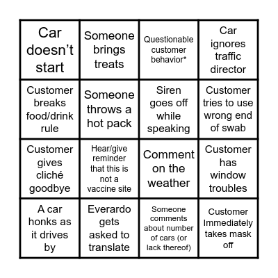 Testing Tent Bingo Card