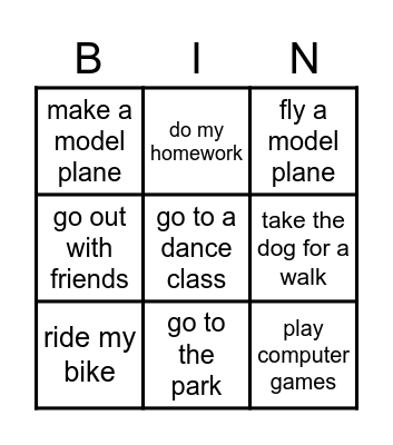 Activities Bingo Card