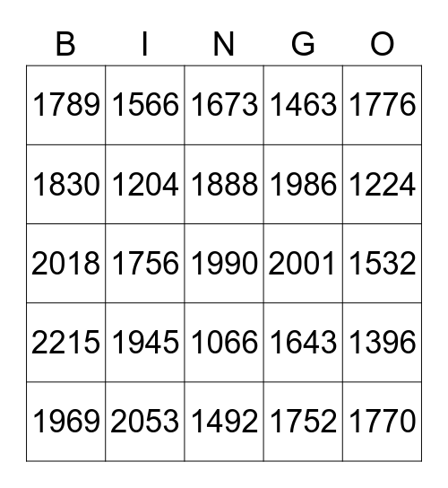 Years Bingo Card