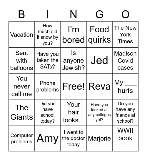 Grandma Bingo Card