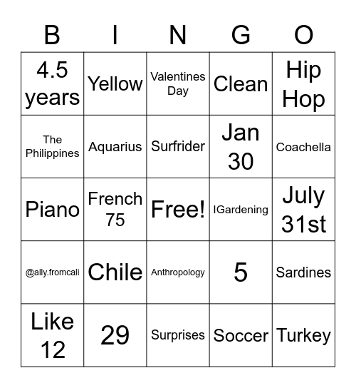 Ally Bingo Card