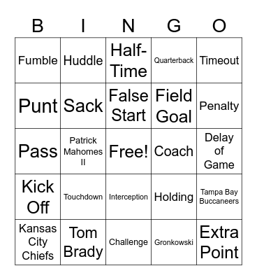 Super Bowl BINGO Card