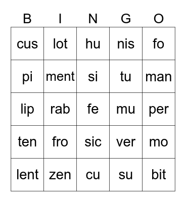 Open/Closed Syllables Bingo Card